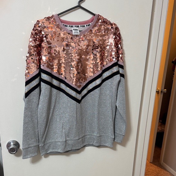 PINK Victoria's Secret Tops - PINK Victoria's Secret Sequin Sweatshirt - Pink and Gray